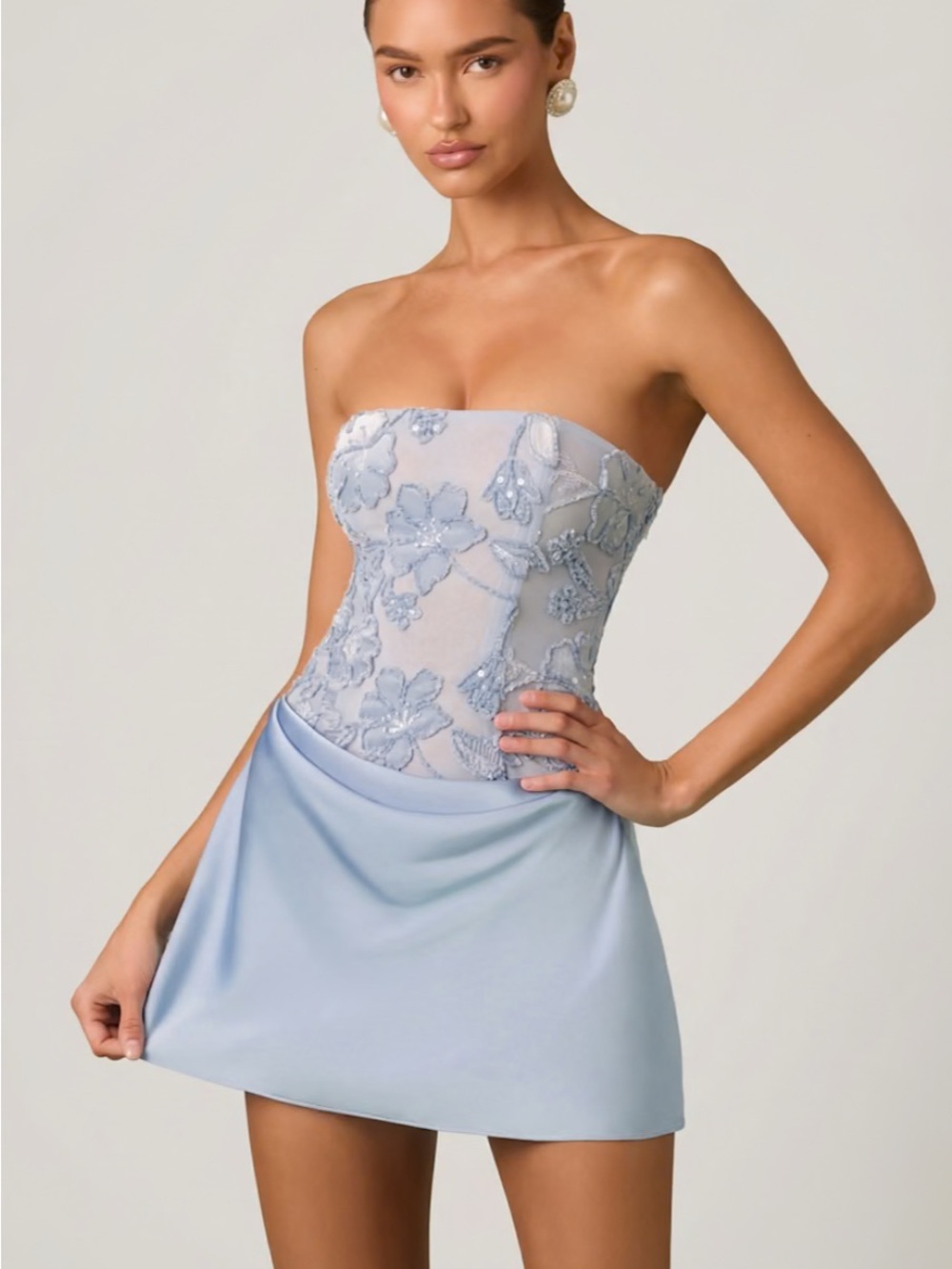 Oh Polly Light Blue Strapless Embellished Mini Dress